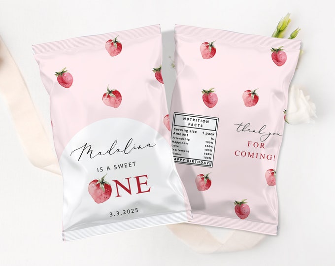 Strawberry chip bag template. Berry first birthday chip bag template.  Strawberry 1st birthday chip bag template #ber1