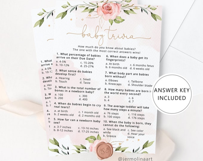 Blush pink Baby shower trivia game. Floral gold baby trivia baby shower game. Instant download #bs6