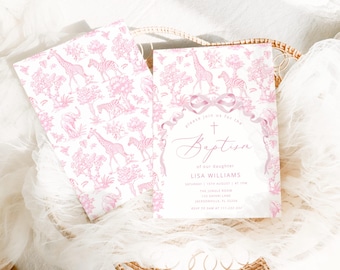 Pink Toile Boy Baptism Invitation: Chinoiserie Safari ( Corjl Editable Template #toi4)