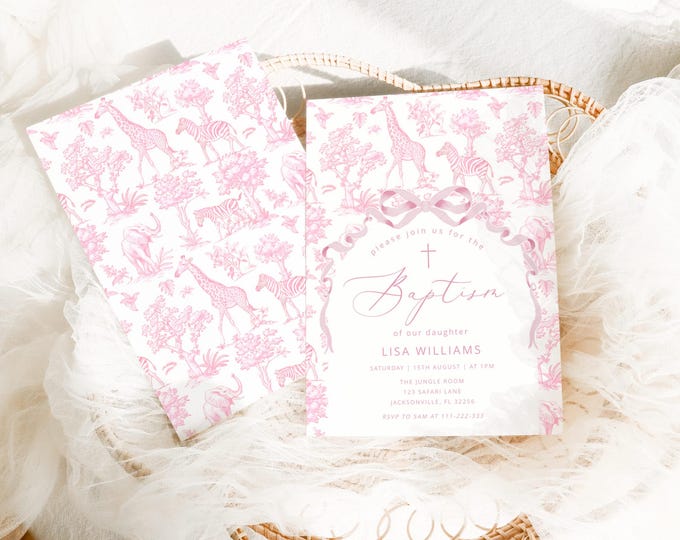 Pink Toile Boy Baptism Invitation: Chinoiserie Safari ( Corjl Editable Template #toi4)