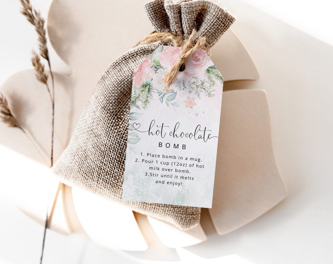 Editable Hot Chocolate bomb tag. Blush Pink floral Christmas Hot chocolate Bomb Tag. Hot Cocoa Bomb #wb5