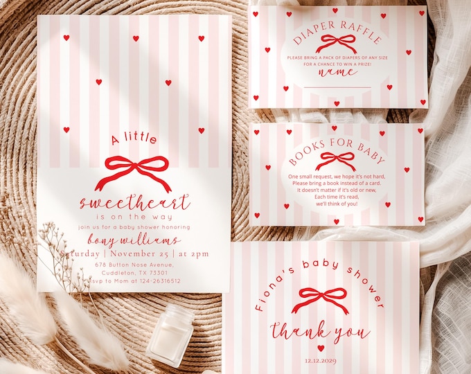 Little Sweetheart Whimsical Bow Baby Shower invitation bundle #sh1