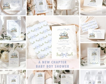 New Chapter Blue Bow Baby Shower bundle, Blue Bow floral Storybook Baby Boy Shower invitation bundle, Editable New Chapter bundle #b l2