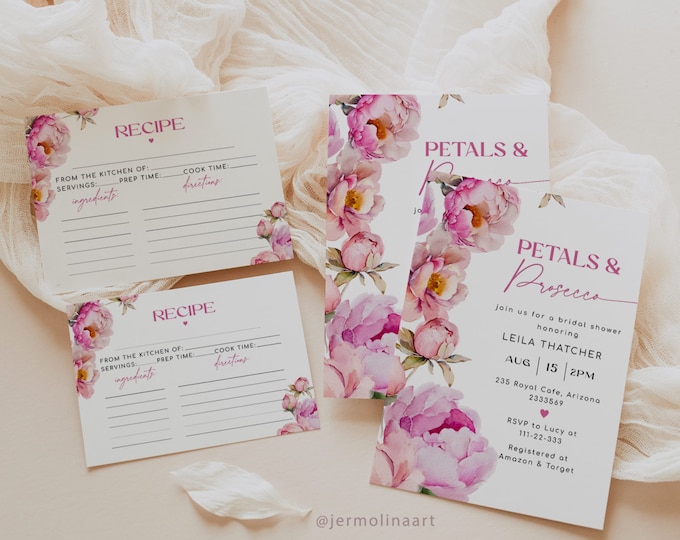 Petals and prosecco bridal shower invitation bundle and recipe card. Fuchsia hot pink petals recipe card. Bright pink  bridal invite #pet1