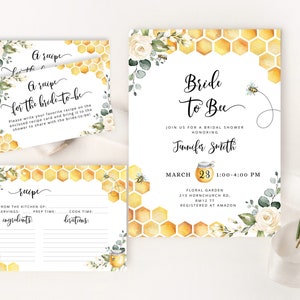 Modello di invito per la doccia nuziale della sposa della sposa e biglietto da visita della sposa. Invito alla doccia nuziale Dell'ape ad acquerello. Modello di scheda ricetta delle api #bee3