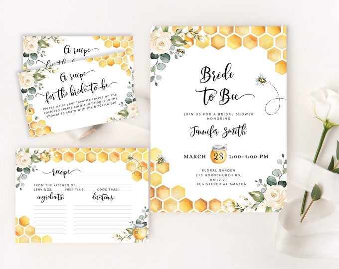 Bride to bee bridal shower invitation template and recipe card. Watercolor Bee bridal shower invitation. Bee recipe card template #bee3