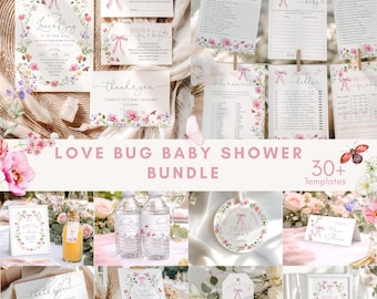 Little Love Bug Baby Shower Bundle | Ladybird Wildflower Pink Bow (Corjl Editable template) #wl7