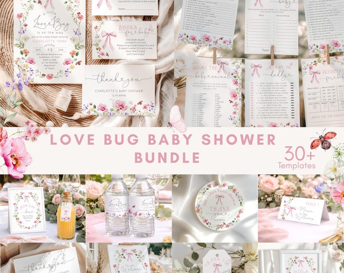 Little Love Bug Baby Shower Bundle | Ladybird Wildflower Pink Bow (Corjl Editable template) #wl7