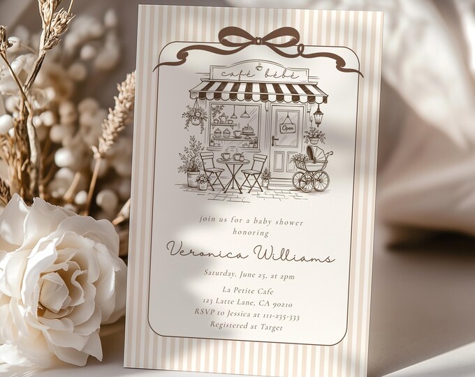 Cafe bebe French Coffee Shop Baby shower invitation Corjl Editable Template #cb1
