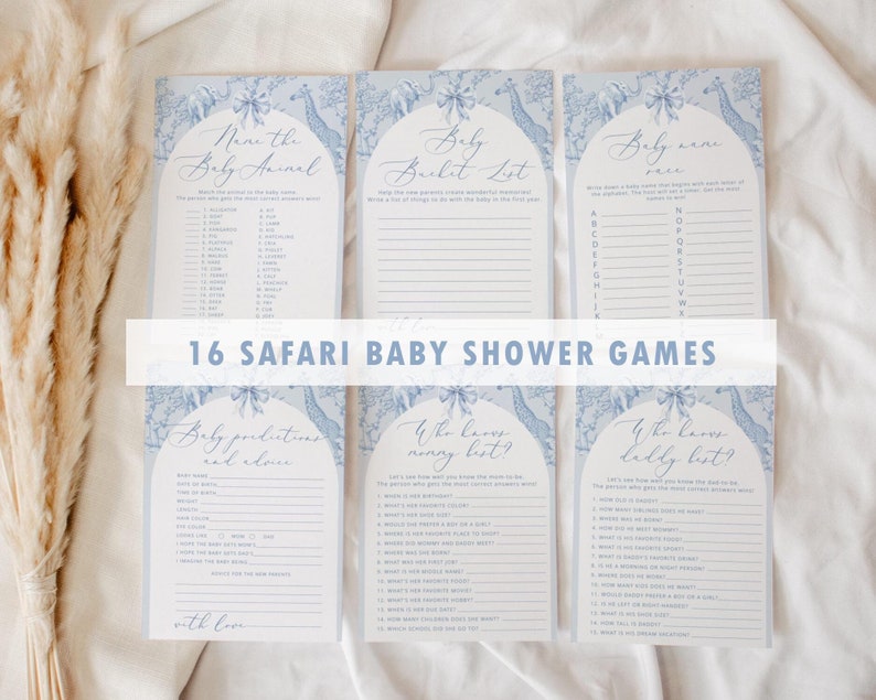 K&ouml;nnte beinhalten: Ein Set mit 16 druckbaren Babyparty-Spielen mit Safari-Thema. Die Spiele beinhalten "Nenne das Babytier", "Baby-Wunschliste", "Baby-Namens-Spiel", "Baby-Vorhersagen und Ratschl&auml;ge", "Wer kennt Mama am besten?" und "Wer kennt Papa am besten?"