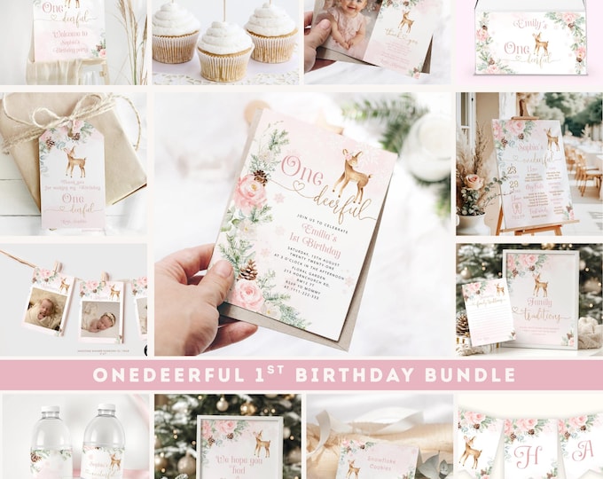 Winter ONE-derful Birthday Party Bundle: Pink Deer Invitation Set (Editable Corjl Template) #wb6