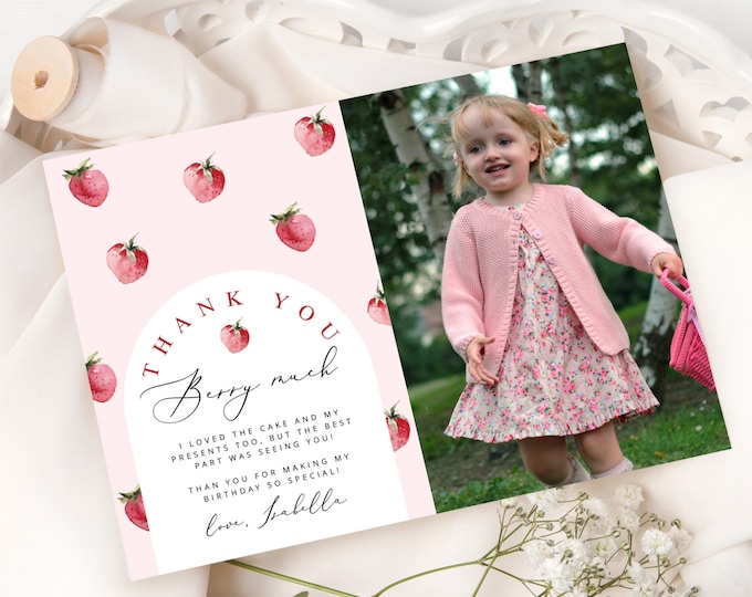 Strawberry thank you card with photo. Editable berry first birthday thank you card. Berry sweet birthday thank you card #ber1