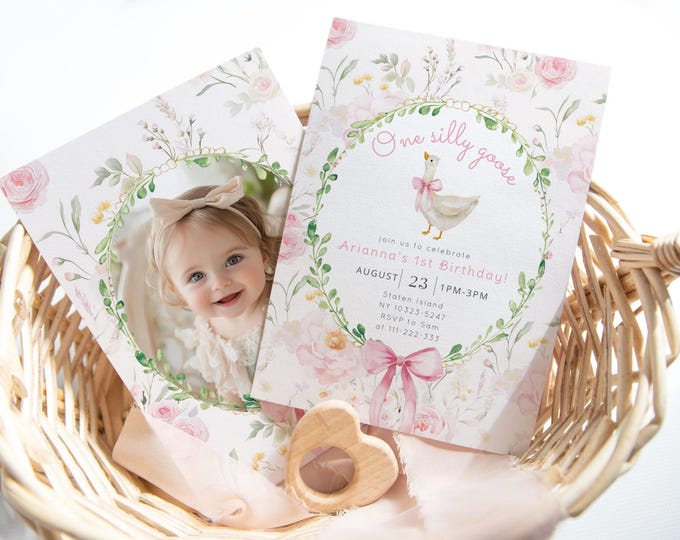 Editable One Silly Goose Girl Birthday invitation, Floral Blush pink One silly Goose 1st Birthday photo invitation, Pink Bow Goose #sg2