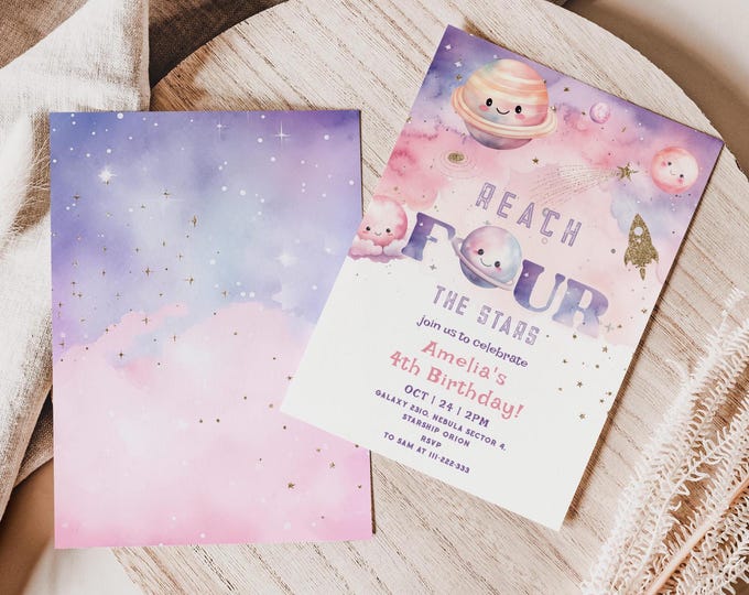 Editable Reach Four the Stars 4th Space Girl Birthday invite, Pink Purple Planets Space 4th Girl Birthday invitation Corjl template #sp2
