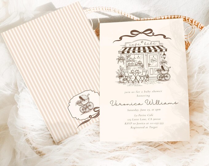 Cafe bebe French Coffee Shop Baby shower invitation Corjl Editable Template #cb1