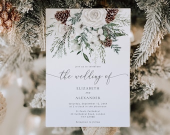 Winter wedding Invitation. Elegant evergreen wedding invitation. Evergreen calligraphy wedding invite #ev1