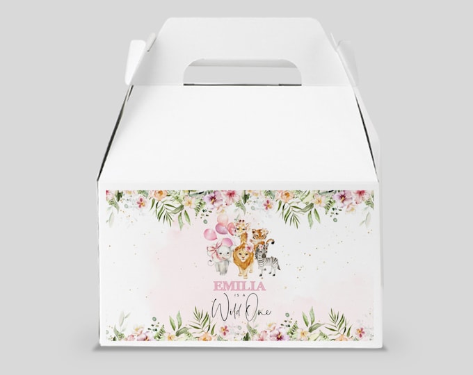 Jungle gable gift box label. Safari gable gift box label. Girl Safari birthday party. Wild one birthday #saf2