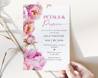 Petals and prosecco Bridal Shower invitation. Fuchsia bright pink Bridal Shower Invitation. Editable peony bridal shower invite #pet1