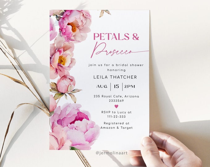 Petals and prosecco Bridal Shower invitation. Fuchsia bright pink Bridal Shower Invitation. Editable peony bridal shower invite #pet1