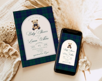Luxury Teddy Bear Baby Shower Invitation: Vintage Plaid Bow (Corjl Editable Template) #pbe1