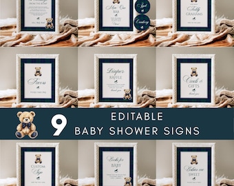 Luxury Navy Plaid Preppy Teddy Bear Baby Shower Editable Signs #pbe1