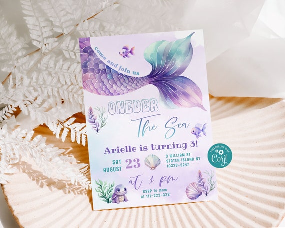 Oneder the sea first birthday invitation. Purple Teal Little Mermaid Birthday Invitation. Corjl editable template #mer1