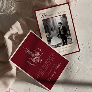 May include: Burgundy and cream wedding invitations. One card features a black and white photo of a couple, the text "We Got Married," and the date. The other card has a chandelier design and text.