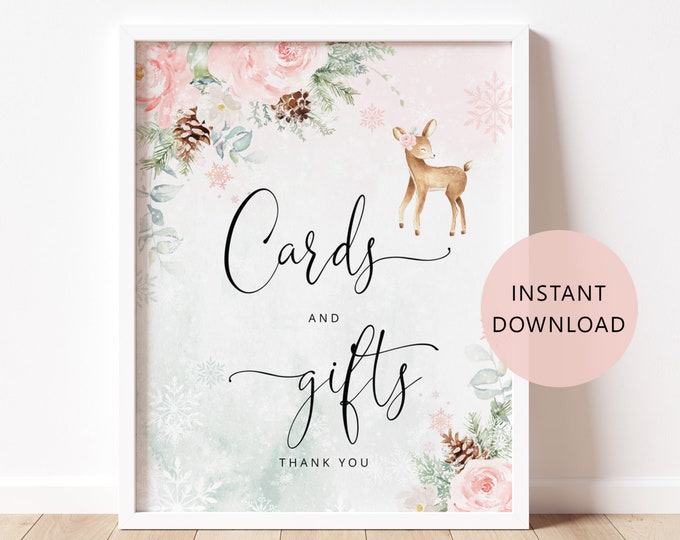 Winter Cards and Gifts Sign in 2 Sizes. Blush pink deer baby shower Cards & Gifts Sign Instant Download #wb7
