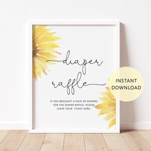 Sonnenblumen Windel Tombola Schild. Sonnenblume Babyparty Dekoration. Minimalistisches Sonnenblumen Windel Tombola Schild. Sofort Download #sun1