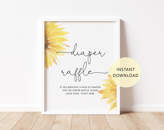 Sunflower diaper raffle sign. Sunflower baby shower decoration. Minimalist sunflower diaper raffle sign. Instant Download #sun1