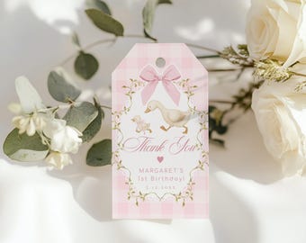 One Silly Goose Pink Gingham Birthday Favor tag template. Bow Thank you #sg4