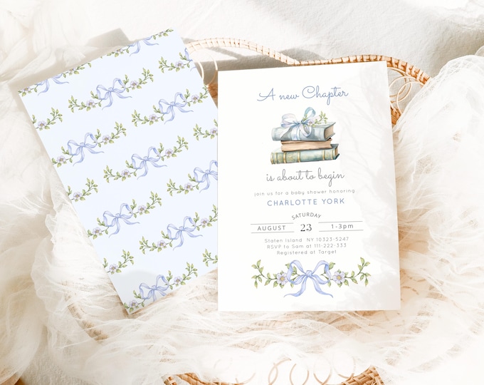 Editable New Chapter baby boy shower invitation, Blue Storybook New Chapter Baby shower invite, Blue bow Storybook baby shower invite #bl2