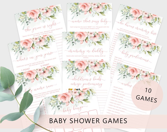 Floral baby shower games bundle. Girl baby shower games. Blush pink baby shower games. Rose Baby Shower Games Instant download #fl2