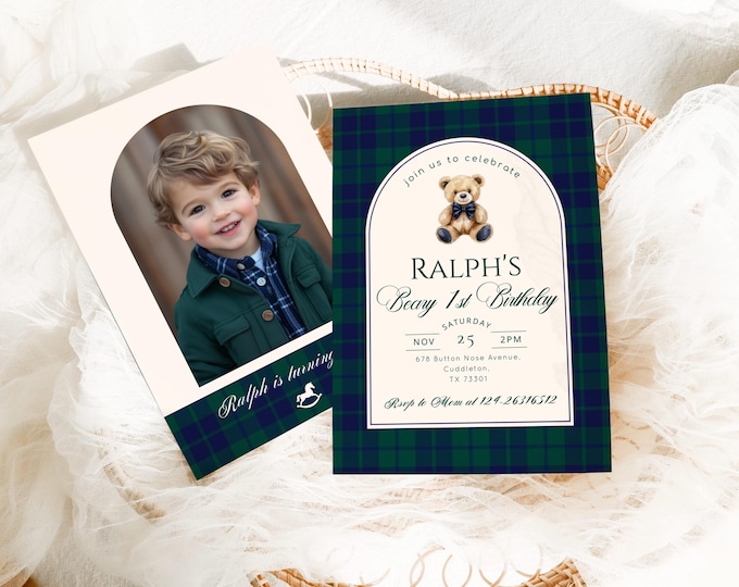 Luxury Teddy Bear 1st Birthday Invitation: Preppy Plaid Photo Template (Editable in Corjl) #pbe1
