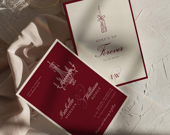 Old Money Deep Burgundy Handdrawn Wedding invitation, editable Corjl Template #om1