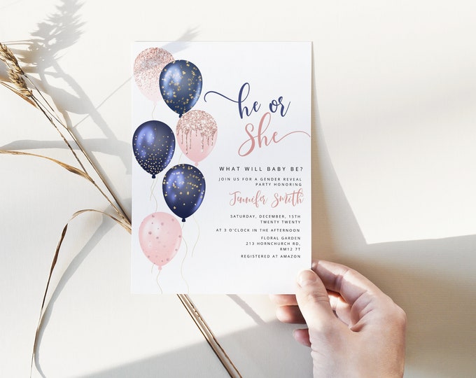 Gender reveal invitation template. Boy or girl gender reveal. Baby shower Balloon gender reveal invite Corjl Editable  Instant Download #gr4