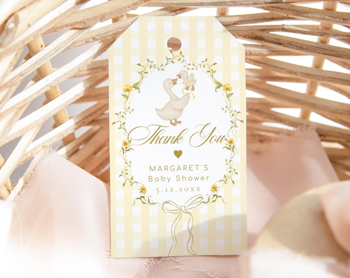 Neutral silly goose baby shower favor tag template | Gingham Editable mother goose #sg7