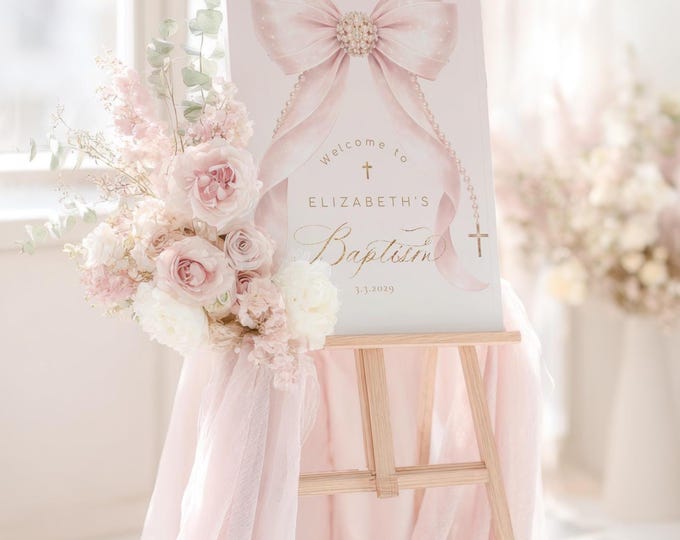 Pink Pearl Bow Baptism Welcome sign Editable Template (Corjl) #bp2
