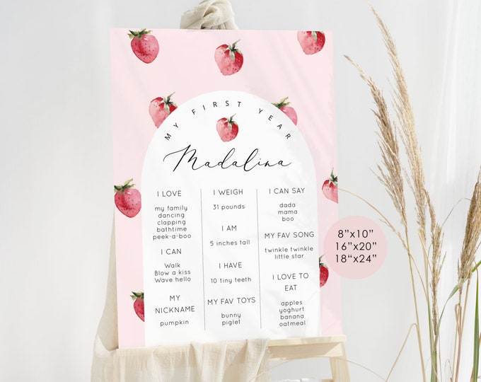 Berry first Milestones Birthday board. Strawberry First Birthday Milestone poster. Corjl editable template #ber1