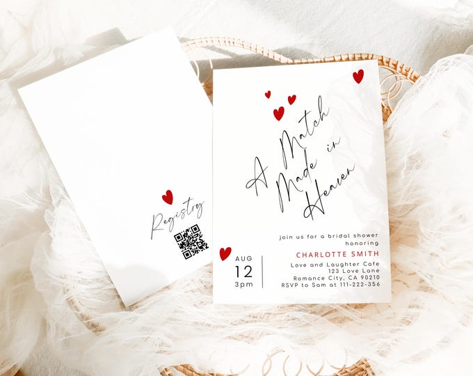 A Match made in Heaven Minimalist Bridal Shower invitation. QR Code Registry Editable template #la1
