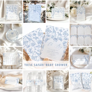 Paquete de baby shower Toile Safari. Paquete de baby shower Toile de Jouy Safari azul. Juegos de baby shower Chinoiserie. Plantillas editables de Corjl #toi1