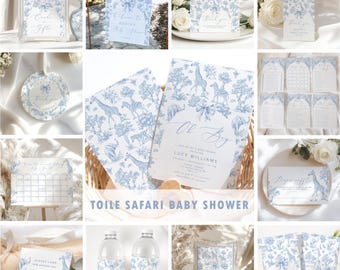 Toile Safari Baby shower bundle. Blue Toile de Jouy Safari Baby shower bundle. Chinoiserie baby shower games. Corjl Editable templates #toi1