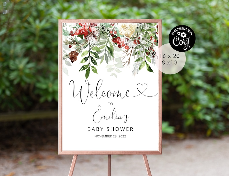 Baby It/'s Cold Outside Welcome sign Editable snowy winter baby shower welcome sign #rg2 Winter greenery Corjl Instant Download