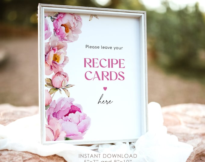 Fuchsia petals and prosecco recipe cards sign. Floral peony place your recipe cards here sign. Instant Download #pet1
