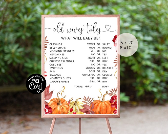 Pumpkin Old Wives Tales Sign, Gender Reveal Decorations, Gender Reveal Printable Party Sign, Fall gender reveal games. Instant download #p1
