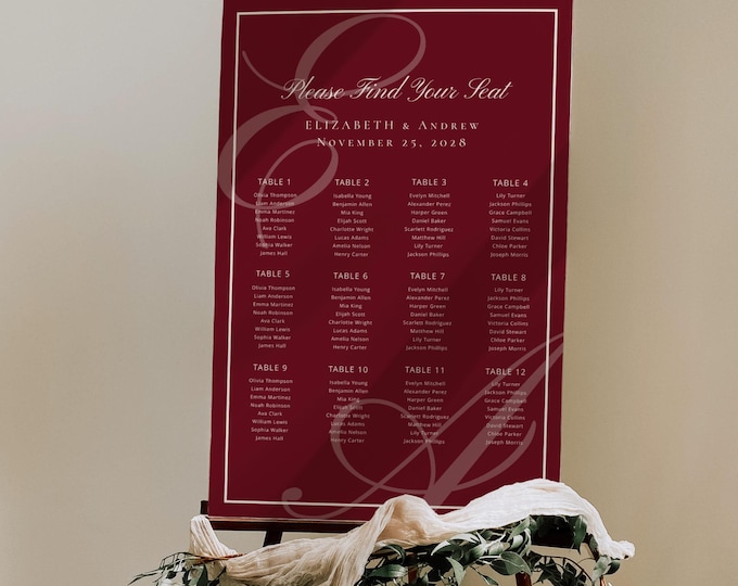 Monogram Deep burgundy Wedding Seating Chart Editable Corjl template #om1