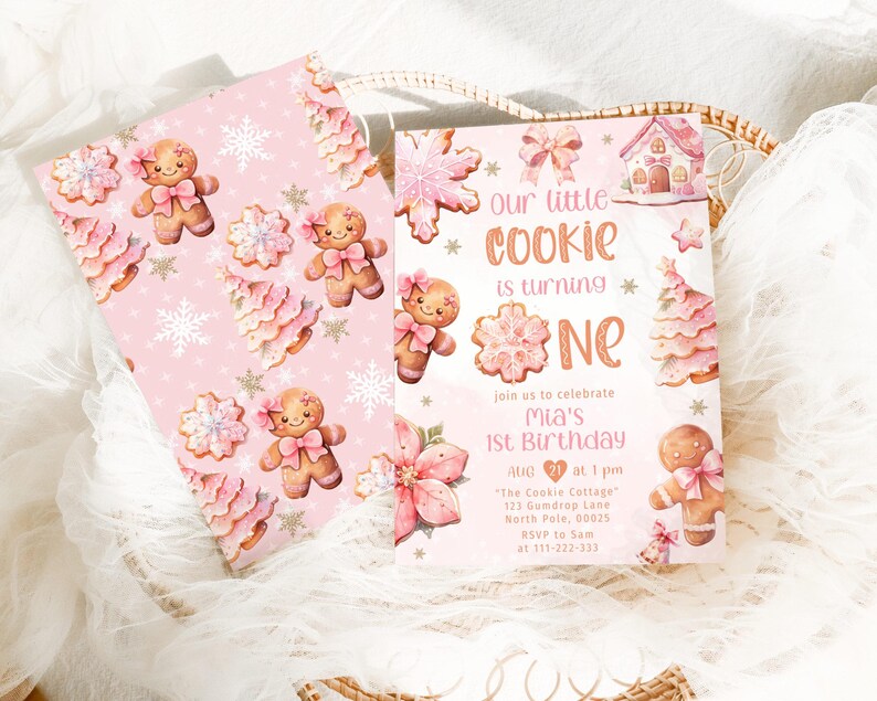 Milk and Cookies 1st Birthday Invitation: Pink One Little Cookie Theme (Corjl Template) #1cc image 3