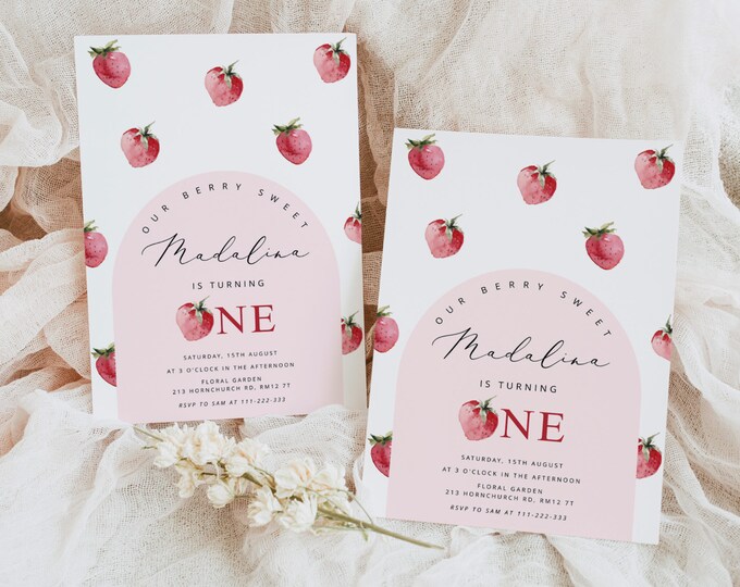 Berry first birthday invitation. Strawberry first birthday invitation. Corjl editable template #ber1