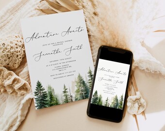 Adventure awaits elegant minimalist bridal shower invitation. Pine trees modern bridal shower invite #pt1