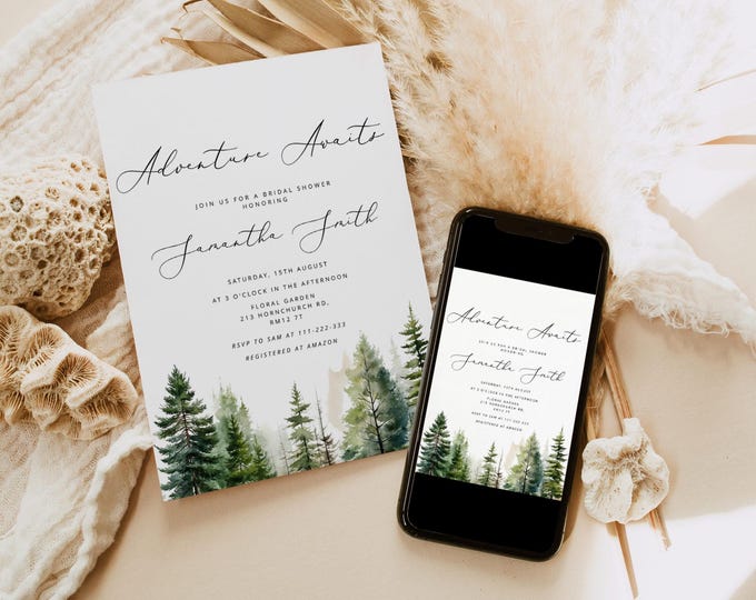 Adventure awaits elegant minimalist bridal shower invitation. Pine trees modern bridal shower invite #pt1